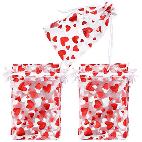 Konsait 48pcs Heart Organza Pouch Drawstring Bags, Valentines Day Gift Bag Gift Pouch Candy Bag Treat Bag Goody Bags for Candy Wrapper Gift Birthday Wedding Party Favor Supplies