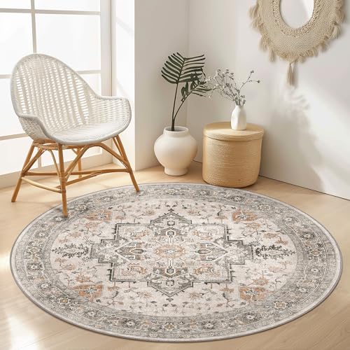 GENIMO 4FT Round Area Rugs for Living Room, Circle Rugs Machine Washable Low Pile, Chenille Non Slip Vintage Rug for Bedroom, Dining Room, Home Office, Light Taupe Brown