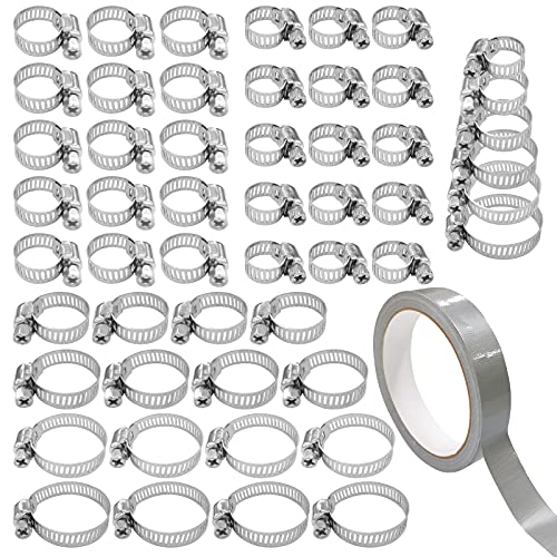 Daily Treasures 46 pcs Clips de Tuyau, 6-32 mm Gamme de Colliers de serrage réglables avec 1 rouleau de ruban adhésif, Clips Jubilee à vis sans fin pour tuyau flexible Cover