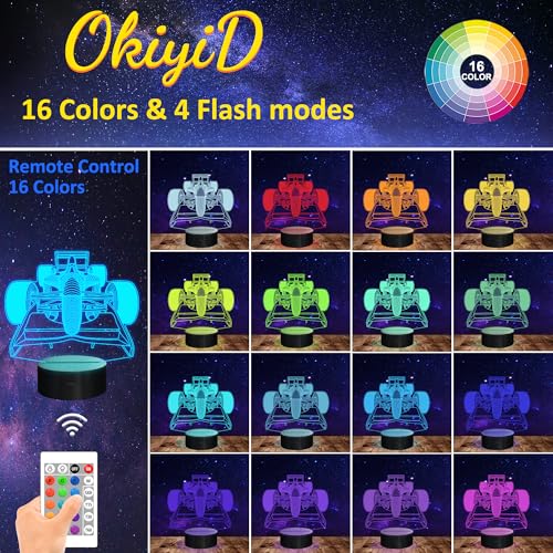 Image of OkiyiD F1 Gifts for Boys Men, Formula 1 Racing Car 3D Illusion lamp Roadster Night Light for Kids Boys Bedroom Decor,16 Colors Changing Lighting Lamp with Remote Control