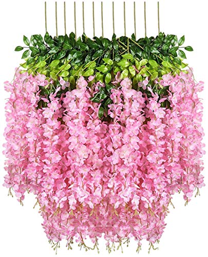 Image of Tia Crafts Artificial Hanging Flowers for Ceiling Balcony | Purple Wisteria Vine | Home Party Decor Garden Outdoor Greenery Office Wall Decoration |Waterproof Washable 3.7ft /45 Pack of 6 (Pink, 6)