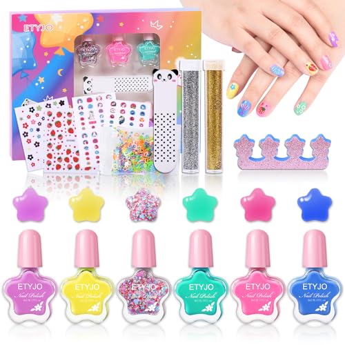 ETYJO Kids Nail Art Kit - Non-Toxic, Water-Based, Peel Off, Quick Dry Nail Polish Set for Girls, 6 Colors, Ages 3+
