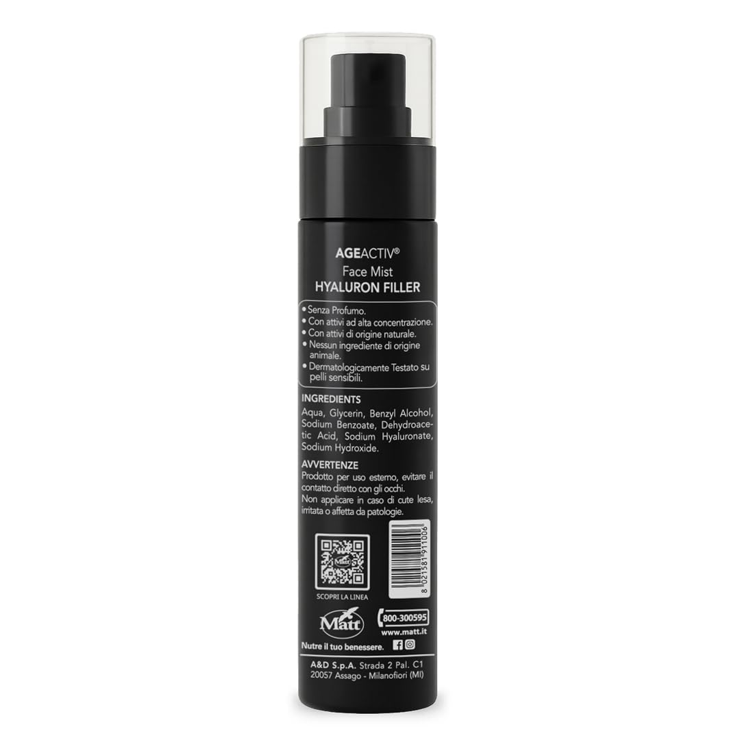 Matt, AGEACTIV Hyaluron Filler, Face Mist Spray Viso Idratante, Rinfrescante, Illiminante, Tonico Viso e Collo con Acido Ialuronico Puro e Attivi di Origine Naturale, Adatto a Pelli Sensibili, 150 ml
