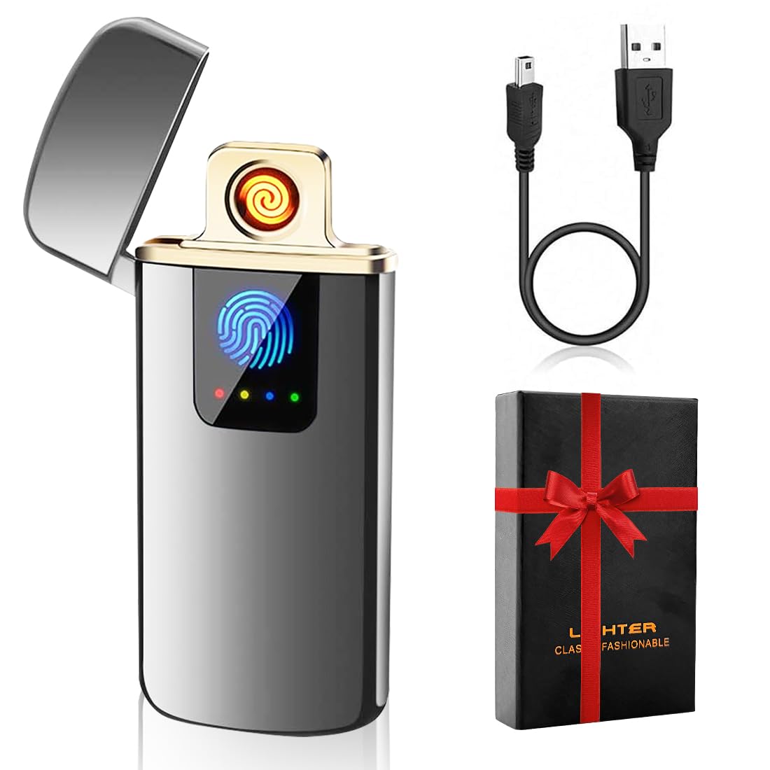 LOMUG Briquet Electrique Rechargeable USB Double Arc Coupe-Vent Indicateur de Puissance Contrôle Tactile pour Bougie Barbecue Camping Cadeau Homme