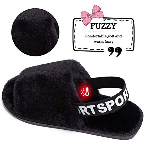 Womens Leopard Fuzzy Slippers Soft Plush Open Toe Faux Fur House Slide Sandals Indoor Spa Bedroom Flat Shoes with Elastic Strap4