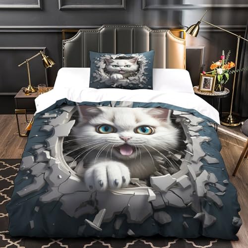 Housse de couette chat 3D anti-plis avec fermeture éclair pour lit simple - 4