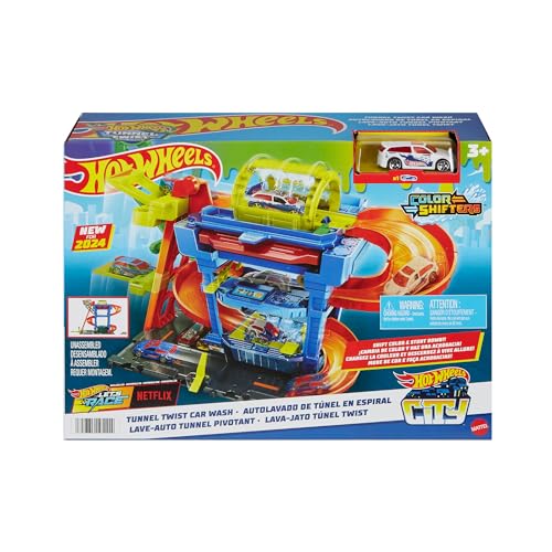 Hot Wheels Let's Race Netflix - City Toy Car Track Set, Tunnel Twist Car Wash with 1 Color Shifters Vehicle in 1:64 Scale, HTN80