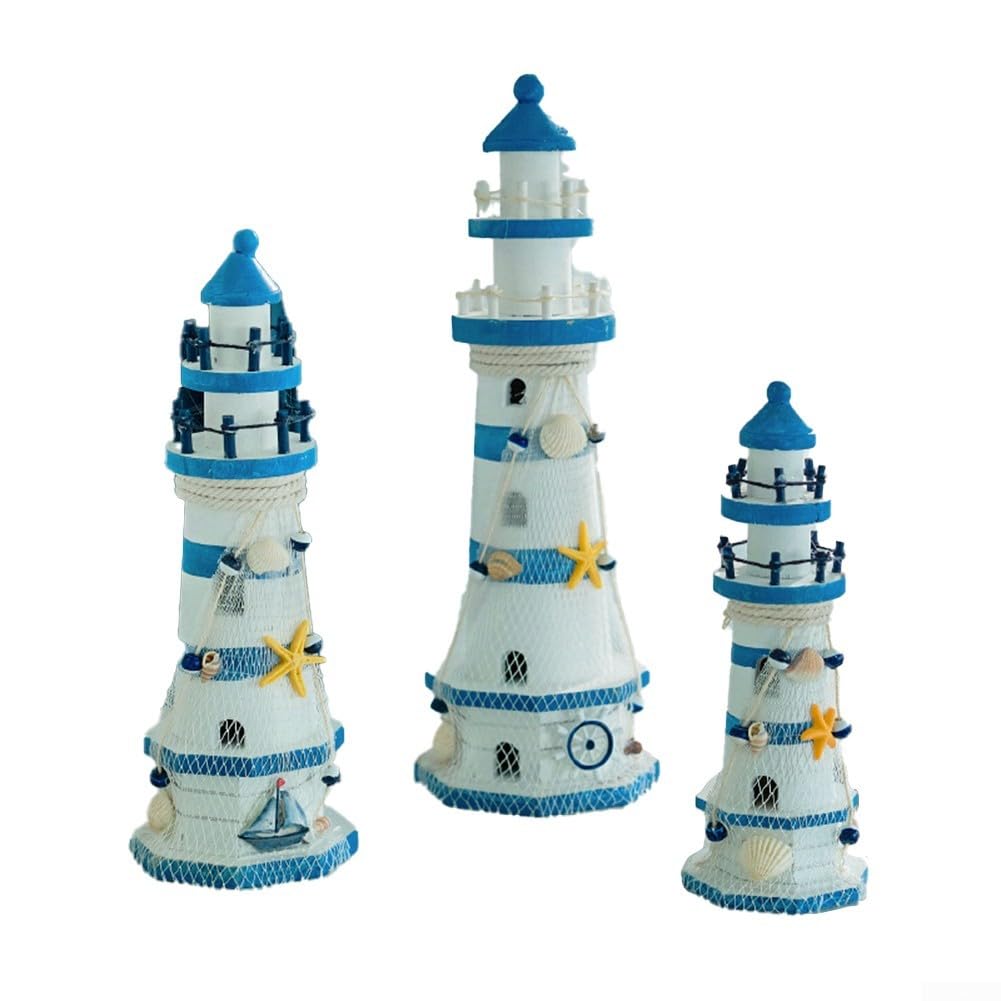 Besttoolifes Wooden Lighthouse Ornaments Bathroom Decorations Maritime Lighthouse Seaside Ornaments Mediterranean Blue Lighthouse Home Accessories(30 centimeters)