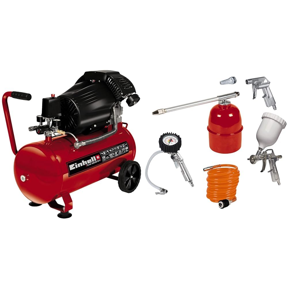 Einhell Compresseur à air portatif TC-AC 420/50/10 V (2200 W, 2850 rpm, 10 bar max, réservoir 50l, réducteur de pression, manomètre, valve de rétention, valve de sécurité) + Kit 5 accessoires
