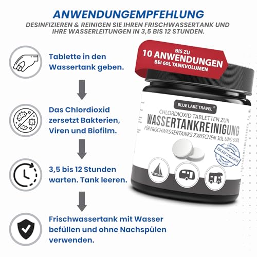 Blue Lake Travel Wassertank Reiniger Wohnmobil (10 Tabletten) - Tankvolumen 30 bis 600 Liter - Frischwassertank Reiniger - hochwirksamer Tankreiniger löst Verschmutzungen & Ablagerungen