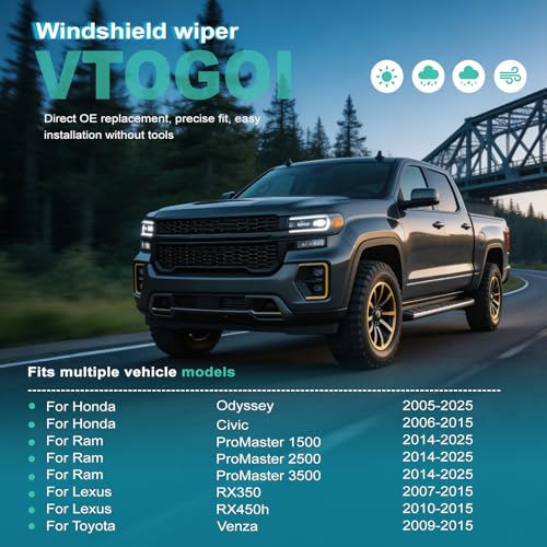 Image of VTOGOI OEM Quality 26''+22'' Windshield Wiper Blades,Premium All-Seasons J-Hook Replacement Wiper Blades (2 Pack)