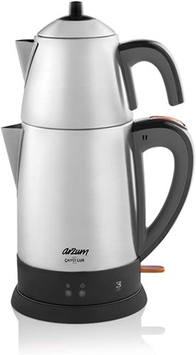 ARZUM Cayci Lux Inox Theemachine, Turkse theepot, roestvrij staal, 0,7 liter potinhoud, 1,8 liter capaciteit van de boiler: 1800 W