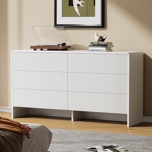 Image of Furniway Bedroom Dresser Set 3 Piece, 6 Drawer Curved Dresser with 2 Nightstands, Modern Fluted Wood Storage Cabinet, White Chest of Drawers with Pop-Up Design, White