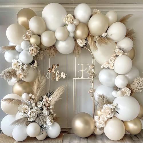 Image of White Balloon Arch Pearl White Balloons Gold Balloon Arch Kit Pearl Sand Balloons Different Size For Wedding Bridal Anniversary Engagement Prom Party Decorations