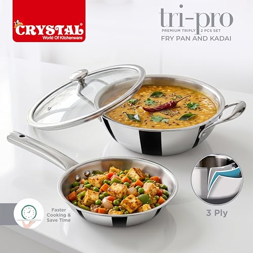 Image of Crystal TriPro Triply Stainless Steel 3 Pcs Cookware Set | Kadai 22cm with Glass Lid and Frypan 18cm | Less Oil Use, Healthy Cooking - Induction Bottom