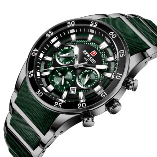 Buy REWARD Watch for Men Chronograph Quartz Wrist Watch Stainless Steel Band Round Face Waterproof, Green/Gray - RD81011M-I at Amazon.in - Image 5