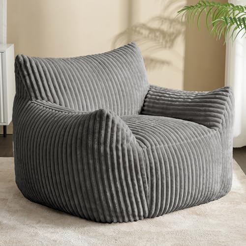 zzlay Bean-Bag Chair for Adults Teens - Large Corduroy Bean Bag Chairs with Back Support and Armrests, Adult BeanBag Lazy Sofa with Filler for Living Room, Bedroom, Reading, Grey