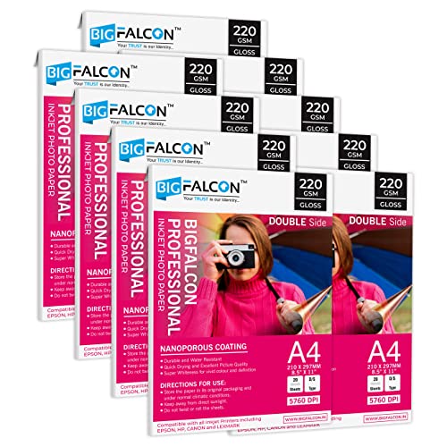 Image of BIGFALCON Professional A4 (8.5x11 inch) 220 GSM Double Sided Glossy Inkjet Photo Paper Premium Dual Sided Printing for Stunning Photos (Pack of 9-180 Sheets)