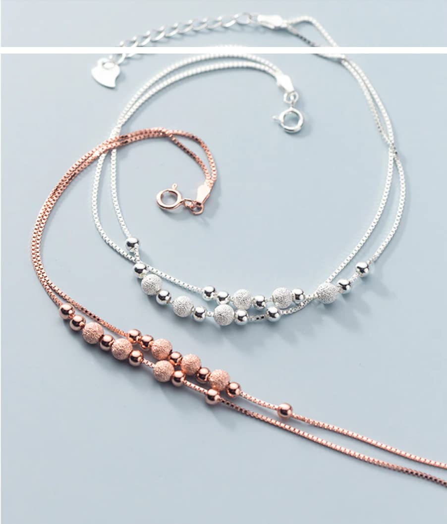 Tobillera De Plata De Ley 925 con Cuentas De Bola Esmerilada De Color Rosa Y Dorado para Mujer, Cadena De Hueso De Serpiente, Joyería Fina