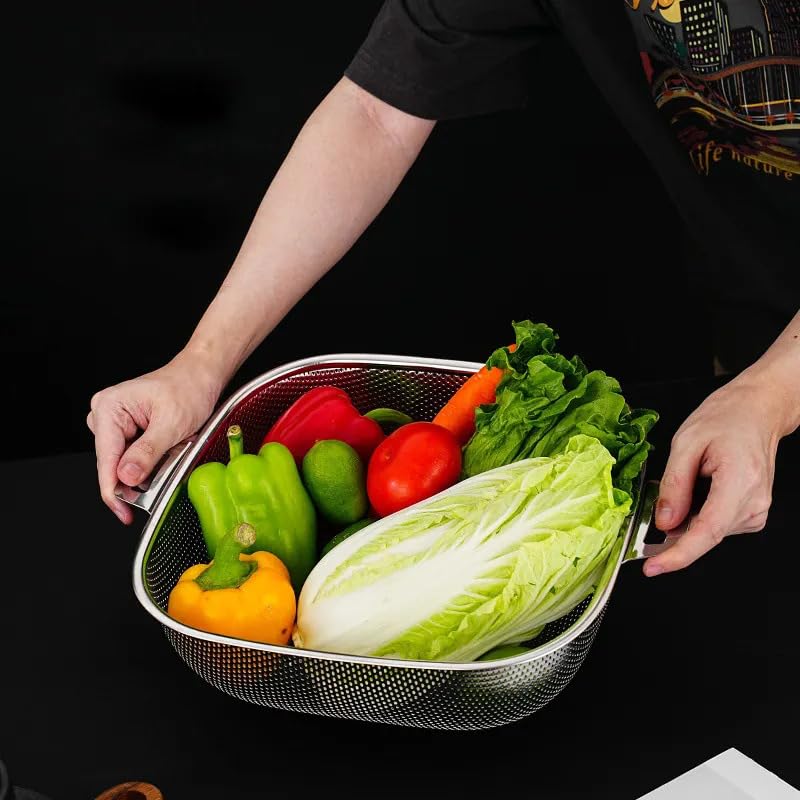 Image of Square-Shaped, Stainless Steel Fruit and Vegetable Rice Cleaning Baskets for Pasta, Noodles, and Kitchen Tools: Elevate Your Washing Bowl Drain Basin Basket(1 pc, Silver-Color),