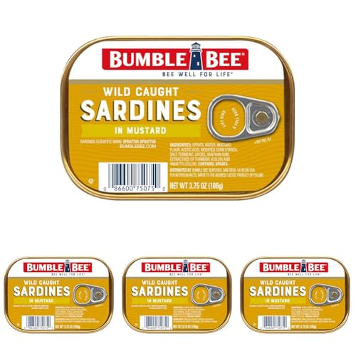 Bumble Bee Sardines in Mustard Sauce, 3.75 oz Tin - Wild Caught, Gluten Free, Keto, Kosher (Pack of 4)