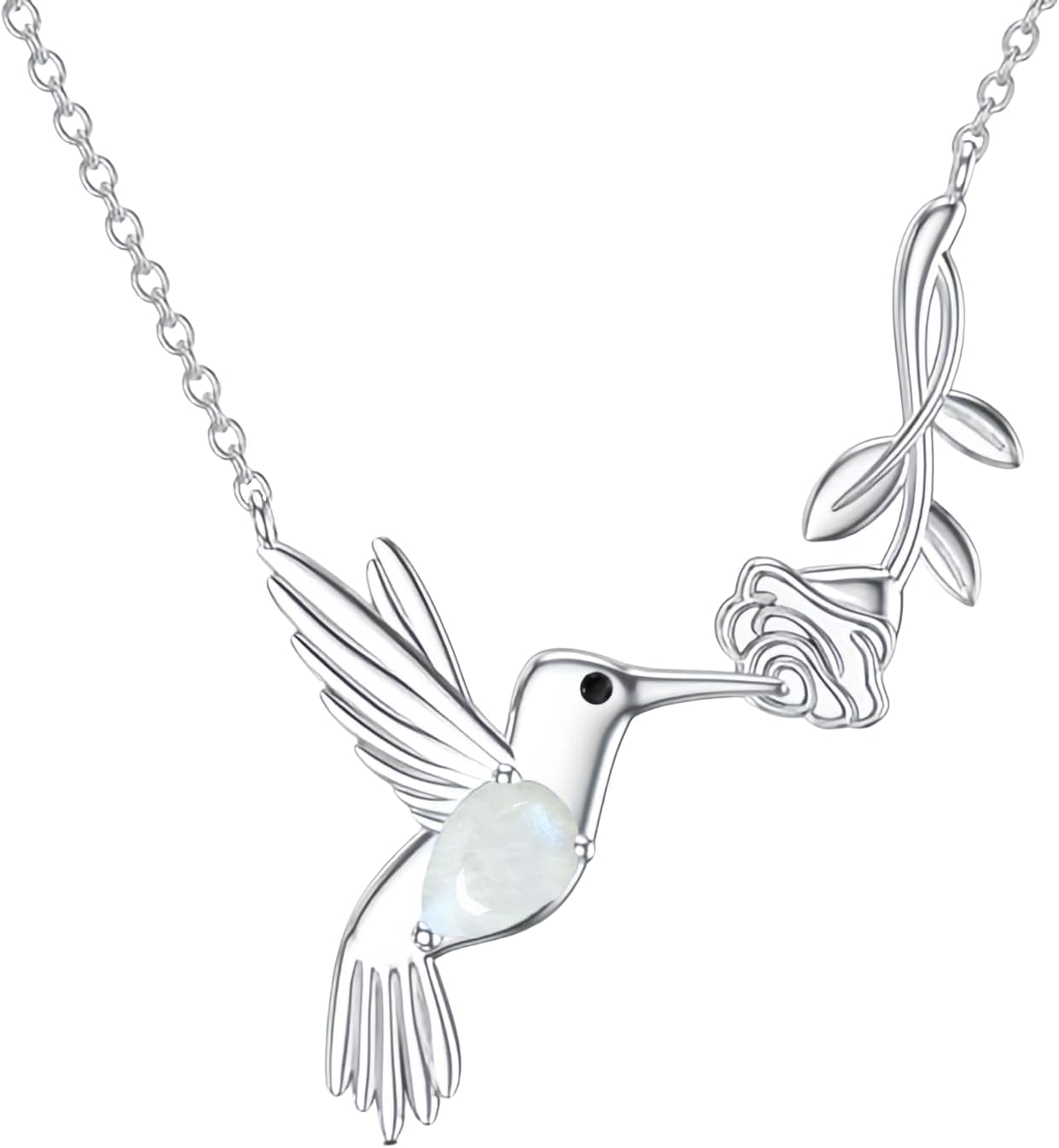 Hummingbird Flower Genuine Moonstone Rainbow Pendant Necklace 925 Sterling Silver Natural Gemstone June Birthstone Jewelry for Women