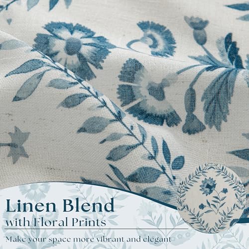 Image of Blue Floral Linen Curtains Patterned Semi Sheer 63 Inch Length 2 Panels Set