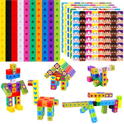 Image of 100 Math Linking Cubes, Math Cubes with 320 Reusable Stickers Manipulative Geometric Shapes Connecting and Counting Snap Blocks for Early Math & Construction, Educational Toy for Preschool, Homeschool