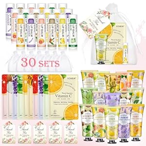 30 Pack Bulk Facial Mask, Bulk Hand Cream and Bulk Lip Balm Sets, Easter Basket Stuffers, Bridal Shower Favors and Baby Shower Party Favors for Guests, Thank You Gifts for Coworkers Women