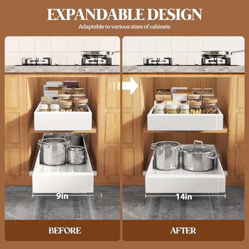 4 Pack Expandable Pull Out Cabinet Organizer 21" Deep With Raising Pad for Framed Cabinets,Upgrade 3 Slide Rails Slide Out Drawers,No Drill Roll Out Shelves,Adjustable Width 9"-14" White