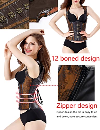 Topmelon Steampunk Corset Brown Corsets Top Women Steel Boned Lace Up Back Steampunk Underbust Corset Renaissance Brown Leather Corset #TOP3