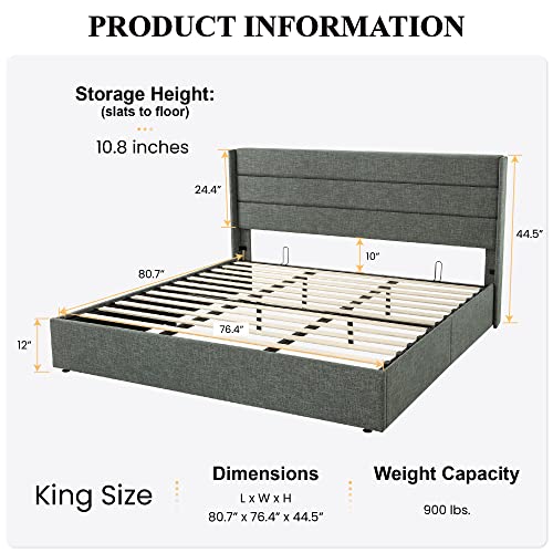 Sha Cerlin King Size Lift Up Storage Bed/Modern Wingback Headboard/Upholstered Platform Bed Frame/Hydraulic Storage/No Box Spring Needed/Wood Slats Support/Dark Grey #TOP1