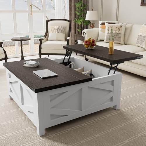 Buytime Farmhouse Lift Top Coffee Table, 35.5" Large Square Coffee Table with Flip-Up Hidden Storage Compartment, White Center Table with Power for Living Room, Bedroom, Home Office - Rustic Wood Top -  GLBTT021WH