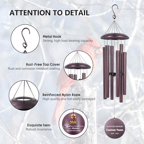 Image of Personalized Memorial Wind Chimes for Loss of Loved One, Sympathy Gifts for Loss Mother Father Sister, Deep Tone Windchime for Outside Garden,Produced in Texas