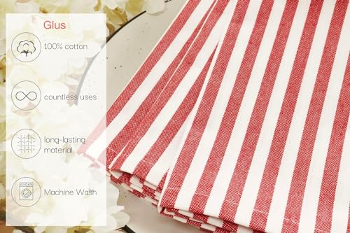 Image of Cotton Mercerised Dining Table Napkins, Set of 4, Solid Plain Colour, Heavy Weight,More Than 2 cm Mitered Hem,Washable at 40C (Red Stripe, 45 X 45 Cms)