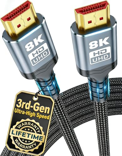 𝟑𝐫𝐝 - 𝐆𝐞𝐧 10K 8K HDMI Cable 2.1, 1.5FT 3.3FT 5FT 6.6FT 10FT 13FT 16FT 20FT 25FT, 48Gbps Gold-Plated Ultra High Speed Military Grade Nylon Braided HDMI Cord 8K@60Hz /4K@120Hz, HDCP 2.2&2.3(1.5FT)