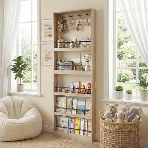 holzart Tall Wall Mounted Bookshelf with Hooks 71.2 Narrow Behind The Door Organizer Space-Saving Wooden Magazine Rack Display Shelf for Entryway Living Room Home Office Oak