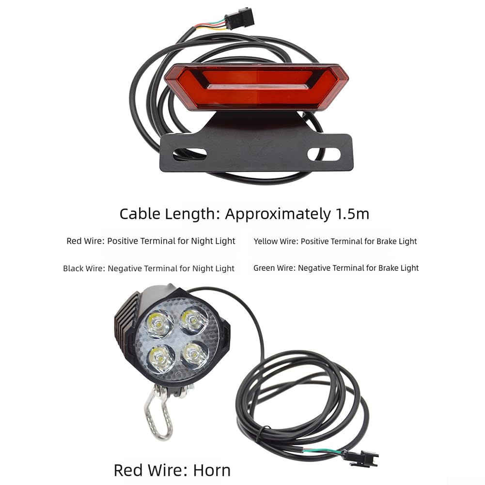 Kit di luci per bici elettrica da 24 V-48 V con interruttore a clacson, set di fari a LED impermeabili e fanale posteriore per bicicletta elettrica, cavo da 1500 mm, luci di sicurezza per guida