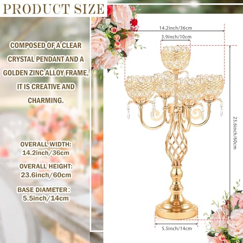Elegant 5-Arm Candelabra Centerpiece with Crystal Pendants - 23.6 Inch Tall Table Centerpiece for Weddings, Parties, Home Decor for Mother’s Day, Holidays & Special Occasions (1, Gold) - Image 3