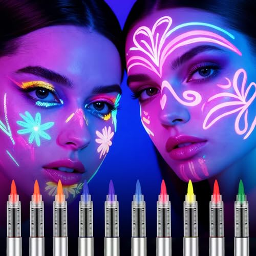 LOPHE Rotuladores de Tatuaje Niños y Adultos, 10 colores Rotuladores Pintacaras Fluorescente, Bolis Tatuajes Temporales Purpurina, Lápiz UV Neón para Marcadores Corporales Cara, Carnaval Halloween