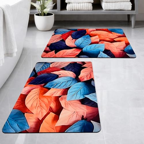 Image of SITTELLA Rubber 2 Pieces Anti-Skid Water Soaking 3D Pink Leaf Print Bathroom Mat, Water Absorbent Mat (40x60cm) (Pink Leaf Print) Rectangular