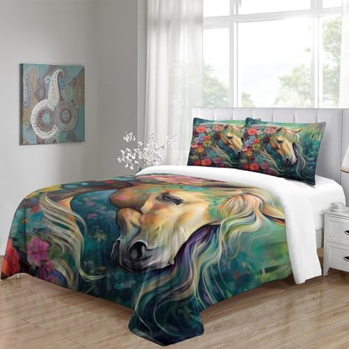 Housse de couette fleurs et chevaux parure de lit 3D pour s'endormir avec passion