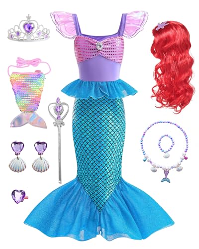 Dtiaagto Disfraz de Sirenita, disfraz de sirena para niñas, disfraz de sirena para niños, carnaval, cosplay, de 7 a 8 años