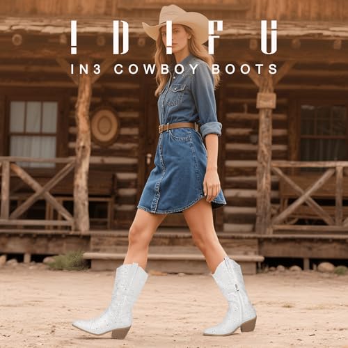 IDIFU IN3 Rhinestone Cowboy Boots for Women Mid Calf Sparkly Western Cowgirl Pointed Toe Booties Low Block Chunky Heel Glitter Country Cute Zipper Dress Booties Wedding Party Bling Shiny Boots2