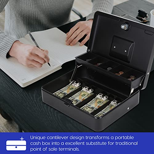 Polspag Cash Box With Lock And 2 Keys, Metal Money Box With Cash Tray, Lock Safe Box, 4 Bill/5 Coin Slots, 11.8L X 9.5W X 3.5H Inches (Top Key-Black) #TOP7