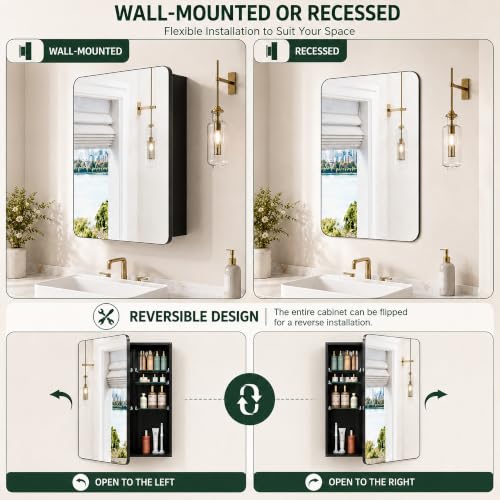 Image of 24x32 Black Medicine Cabinet with Mirror, Recessed & Surface Mount