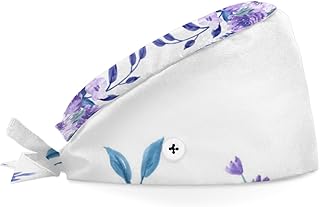 Bouffant Scrub Caps Printed Working Surgical Cap Violet Purple Flowers Nurse Hats with Buttons and Sweatband Adjustable Tie Back Hat for Women Men Multi Color