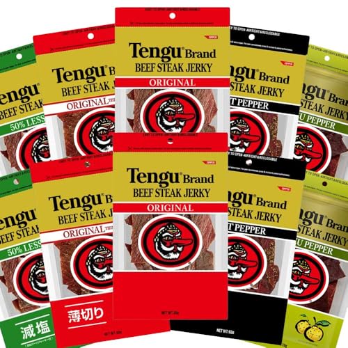 テングビーフジャーキー 10袋 バラエティセット 5種類いろいろ オリジナル、減塩、薄切り、HOT 各93g 柚子胡椒のみ70g おつまみ 宴会 天狗