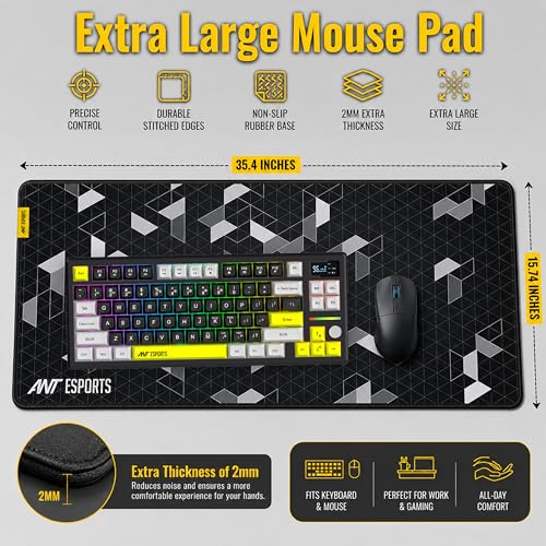 Image of Ant Esports Pyramid Mouse Pad Gaming Mouse Pad Extended Mouse Mat (35.4*15.74*2mm) for Mouse Keyboard with Stitched Edges Waterproof Non-Slip Base Mousepads for Office Home Shop Gaming Extra Large
