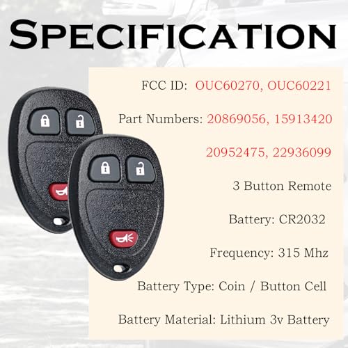 Remote Key Fob Replacement Fits for Chevy Silverado 1500 2500 Tahoe Suburban Avalanche Equinox GMC Sierra Acadia Yukon XL 2007 2008 2009 2010 2011 2012 2013 Express Traverse Keyless Entry Control